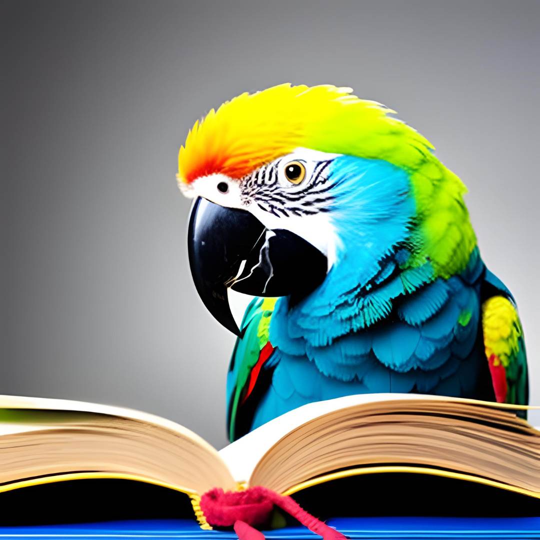 Colorful parrot reading a book